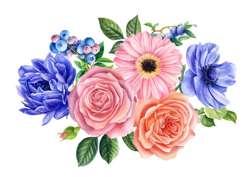 Bouquet of flowers on a white background. Watercolor delicate flowers roses, leaves, gerbera, blueberries