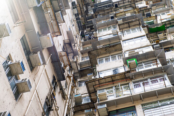 Fototapeta premium Run Down Living Quarters in Hong Kong. Crowded Residential Apartments