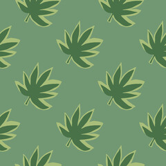 Seamless pattern with hemp leaves on green background. Botanical wallpaper.