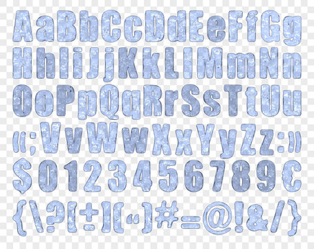 Vector icy English alphabet on a transparent background. The frozen liquid forms letters, numbers and symbols.