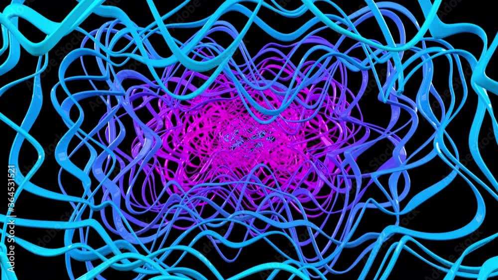 Poster Abstract morphing neon ultraviolet lines tunnel background. Neon abstract motion of fluorescent glowing lines. Bright ultraviolet style background. 4K seamless loop 3D animation.