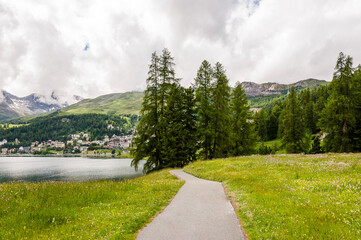 Fototapeta premium St. Moritz, St. Moritzersee, Wanderweg, Oberengadin, Alpen, Piz Julier, Corviglia, Stazerwald, Bergblumen, Wiese, Graubünden, Uferweg, Seeufer, Wassersport, Malojawind, St. Moritz Bad, Sommer, Schweiz