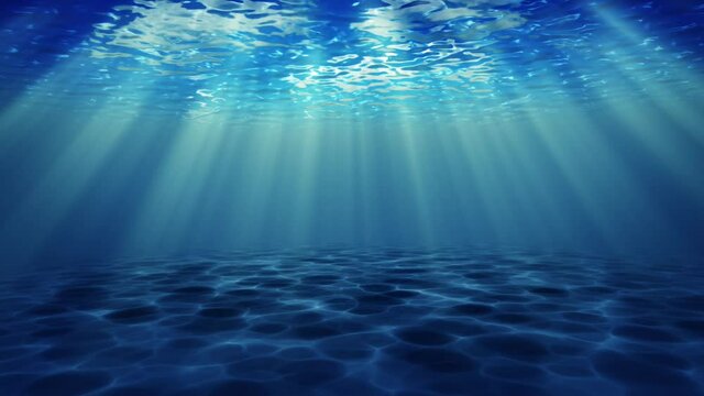 Beautiful Underwater Blue Sea Background Animation with Sun Light. Motion Design with Clear Water and Lighting Reflection Curtain.
