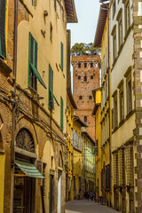 Fototapeta premium A view along the streets towards the Guinigi Tower in Lucca, Italy in summer
