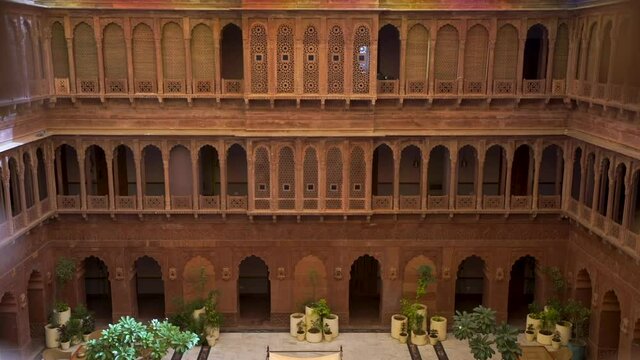 The Beautiful Architecture And Facade Of Narendra Bhawan Hotel In Bikaner, Rajasthan, India From The Window.  -wide shot