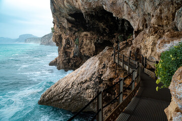 The bridge to the entrance of the Grotta del Bue Marino in east Sardinia