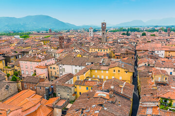 A view from the Guinigi Tower over the terracotta roofs and coloured buildings of Lucca, Italy in...