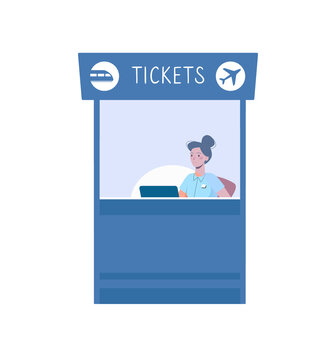 A Ticket Office To Buy Tickets For Train Or Plane. Vector Illustration In Flat Cartoon Style, Blue Colors. Isolated Ticket Service On White Background, Cash Desk With Cashier In Uniform