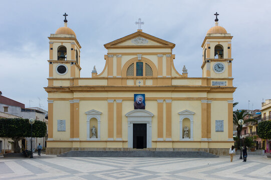 Balestrate Church Oratorio Chiesa Madre Sant&rsquo;Anna Balestrate with a picture of the famous saint Padre Pio above the entrance and Square in Sicily, Italy