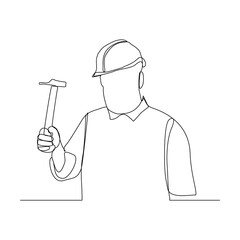 Continuous line drawing of craftman repair man foreman building engineer wearing helmet holding hammer to repair and maintenance something. Vector illustration
