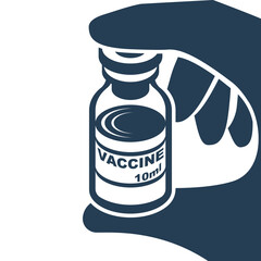 Black icon vaccine silhouette. Doctor hold ampoule of coronavirus vaccine in hand. Close-up test tube with blood sample COVID-19. Laboratory sample in glass tube. Pandemic infectious. Vector design.