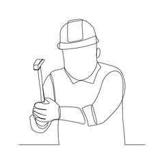 Continuous line drawing of craftman repair man foreman building engineer wearing helmet holding hammer to repair and maintenance something. Vector illustration