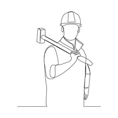 Continuous line drawing of craftman repair man foreman building engineer wearing helmet holding hammer to repair and maintenance something. Vector illustration