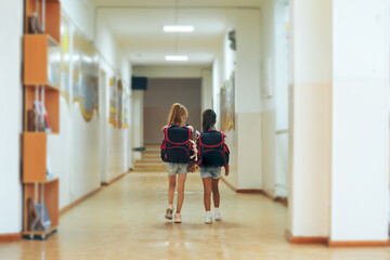 Two schoolgirls holding each other's hands are walking along the school corridor.