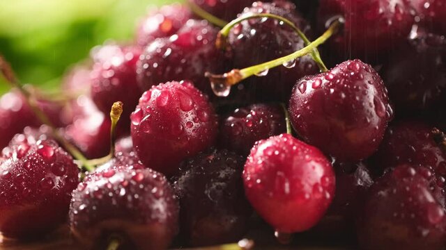 Fresh juicy wet red cherry with drop water. Close up