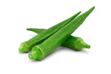 Fresh young okra with shadows isolated on white background.