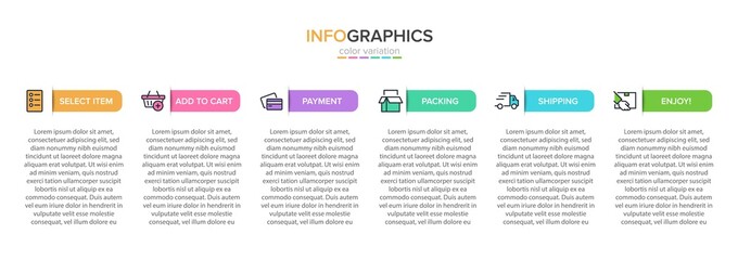 Concept of shopping process with 6 successive steps. Six colorful graphic elements. Timeline design for brochure, presentation, web site. Infographic design layout.