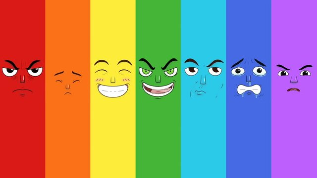 Traditional 2D hand drawn animation of seven different faces expressing various emotions in a rainbow pattern design.