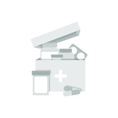 Box with medicines pills with bottles.  Medicine vector illustration, flat cartoon design isolated on white background, eps 10.