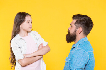 Communicate on equal terms. Father and daughter. Child and father best friends. Parenthood and childhood. Fathers day concept. Lovely father and cute kid. Family relations. Communication skills