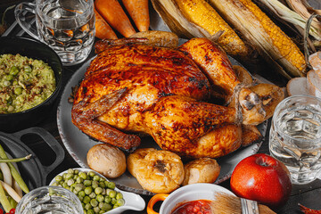 Thanksgiving celebration concept, baked turkey with vegetables on a table with corn, green peas, ripe apples and other vegetables. autumn harvest