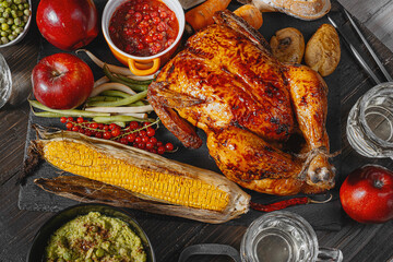 Thanksgiving celebration concept, baked turkey with vegetables on a table with corn, green peas, ripe apples and other vegetables. autumn harvest