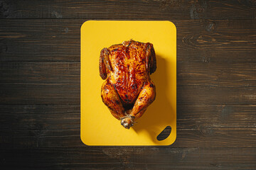 oven-baked turkey on a yellow baking sheet on a wooden table. top view, place for text.