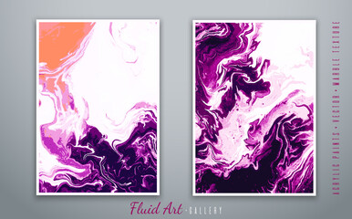 Fluid art. Vector abstract background. Liquid acrylic paints. Marble texture. Violet and orange colors. Handwork with an art brush. Contemporary painting. Template for posters, book covers.