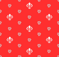 Seamless vector pattern. Modern geometric ornament with red background and white royal lilies. Classic vintage background