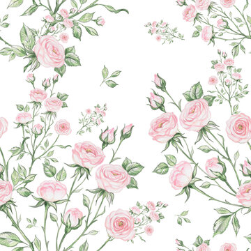 Great print for your design and decor. Seamless pattern of bouquets of roses drawn by pencil and paints on paper.