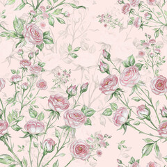 Great print for your design and decor. Seamless pattern of bouquets of roses drawn by pencil and paints on paper.