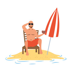 man relaxing on the beach seated in chair and umbrella