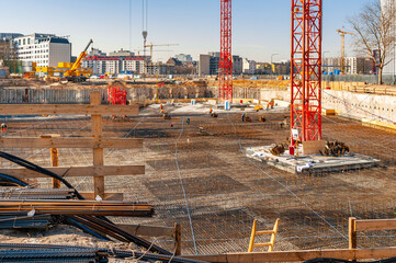 Frankfurt am Main, Germany. March 21th, 2009. Construction site at Central Station district. Building under construction. Building foundation.