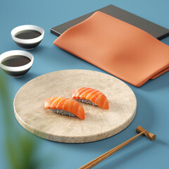 Nigiri Salmon Sushi with Colorful Minimal Cutlery Arrangement 3D Rendering.