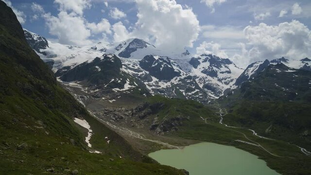 Landscapes Of White Clouds Rolling Over The Susten Pass And Stein Glacier In The Swiss Alps, Switzerland During Summer.  - wide shot