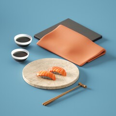 Nigiri Salmon Sushi with Colorful Minimal Cutlery Arrangement 3D Rendering.
