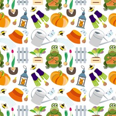 
Seamless pattern sleep gardening theme with garden figure. Background. Texture. Work and rest in the garden. Harvest.
