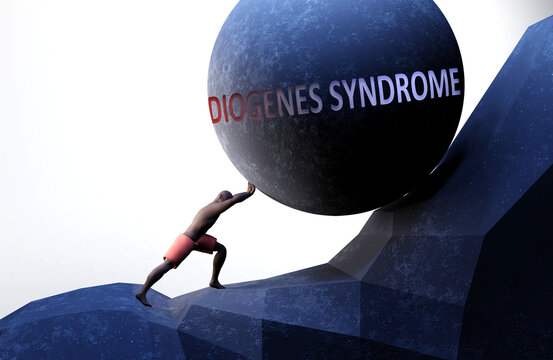 Diogenes syndrome as a problem that makes life harder - symbolized by a person pushing weight with word Diogenes syndrome to show that it can be a burden, 3d illustration