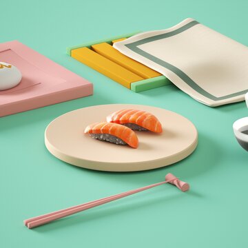 Nigiri Salmon Sushi with Colorful Minimal Cutlery Arrangement 3D Rendering.
