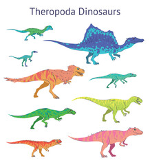 Set of theropoda dinosaurs. Colorful vector illustration of dinosaurs isolated on white background. Side view. Theropods. Proportional dimensions. Element for your desing, blog, journal.