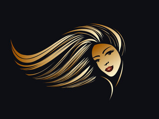 Beautiful woman with long, wavy hairstyle and elegant makeup.Hair salon and beauty studio logo.Blonde lady.Cosmetics and spa icon.Pretty girl portrait.Shiny golden color.Smiling face.