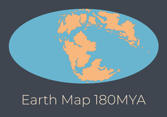 Map of the Earth 180MYA. Vector illustration of Earth map with orange continents and blue oceans isolated on dark grey background. Projection. Prehistoric worldmap. Element for your design.