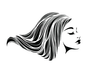 Beauty salon and hair studio logo.Beautiful woman with elegant hairstyle and makeup.Cosmetics and spa icon.Lady portrait.Cute face illustration isolated on light background.