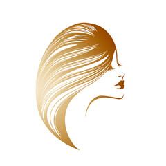 Beauty salon and hair studio logo.Beautiful woman with elegant hairstyle and makeup.Cosmetics and spa icon.Lady portrait.Cute face.Gold color illustration isolated on light background.