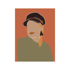 Illustration of a girl drawn by hand in a fashionable style. Woman clothing, fashion clothing. The portrait is made in a pleasant green color scheme, inspired by African motifs. Fashion girls are