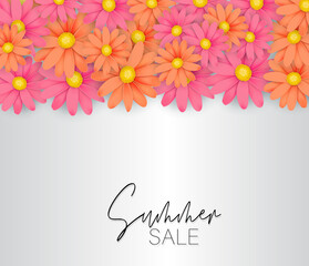 Summer sale banner. Realistic flower background- pink and orange daisies. Vector illustration with lettering.