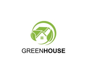 Green Circular House Icon with Leaf Symbol around isolated on White Background.
