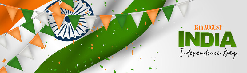 India Independence Day. Indian national holiday header or long banner with a waving orange, white, and green flag. Vector illustration.