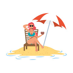 young woman relaxing on the beach seated in chair and umbrella