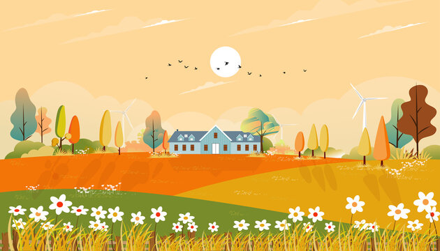 Autumn landscaps with fram house and grass land on hills, Natural foliage background in fall seson with beatiful panoramic countryside in sunny day morning.